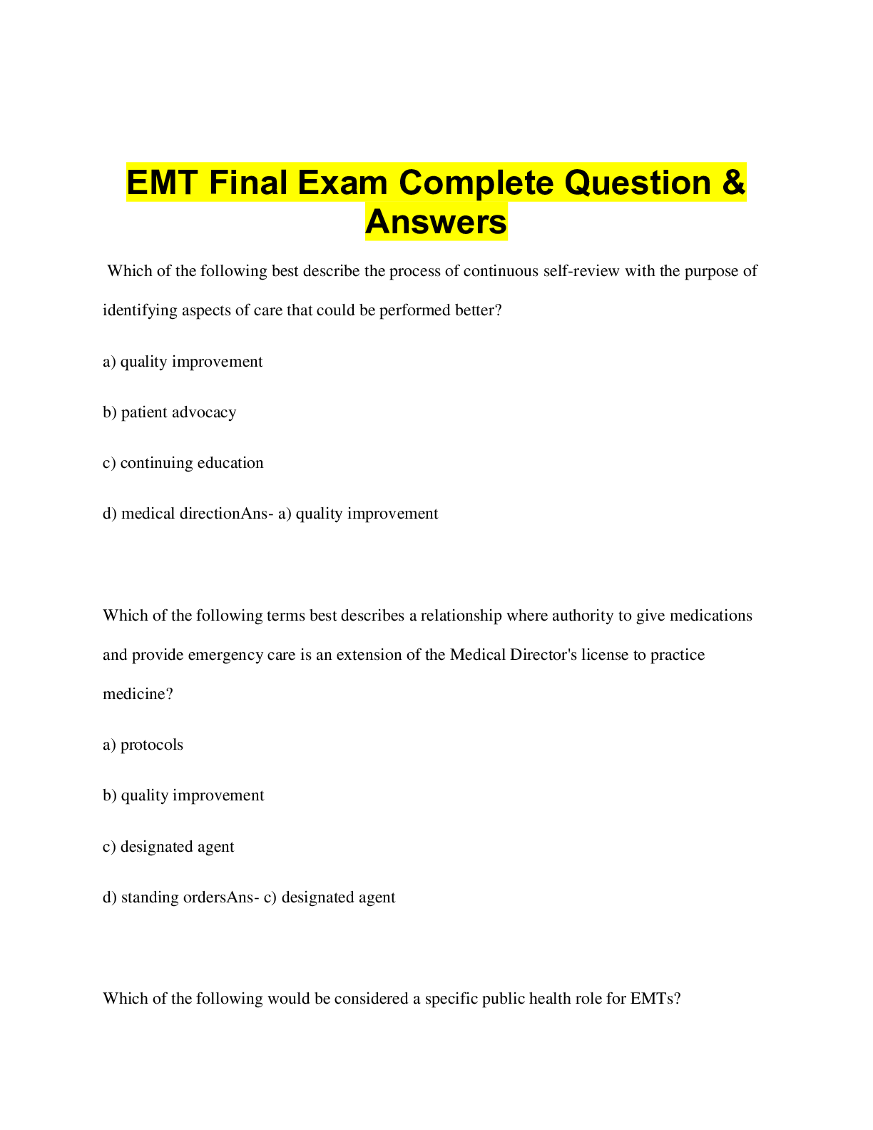 Preview image for EMT Final Exam Complete Question &  Answers